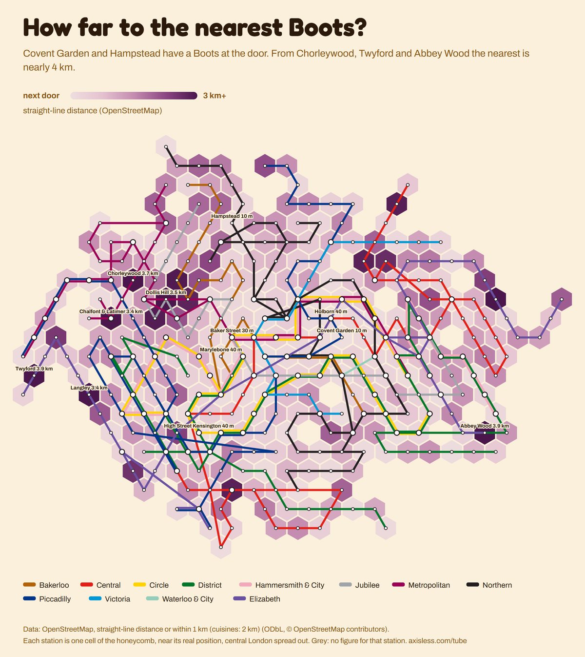Map, How far to the nearest Boots. Every Tube and Elizabeth line station as one cell of a honeycomb map, coloured by straight-line distance (OpenStreetMap).