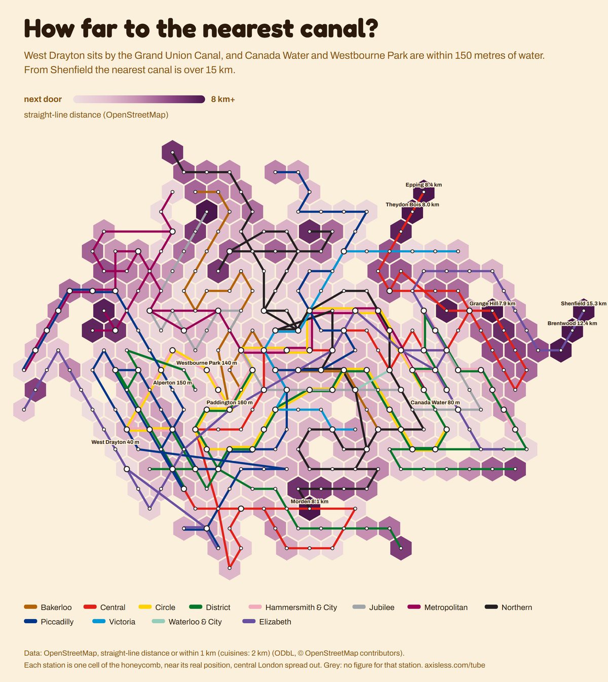 Map, How far to the nearest canal. Every Tube and Elizabeth line station as one cell of a honeycomb map, coloured by straight-line distance (OpenStreetMap).