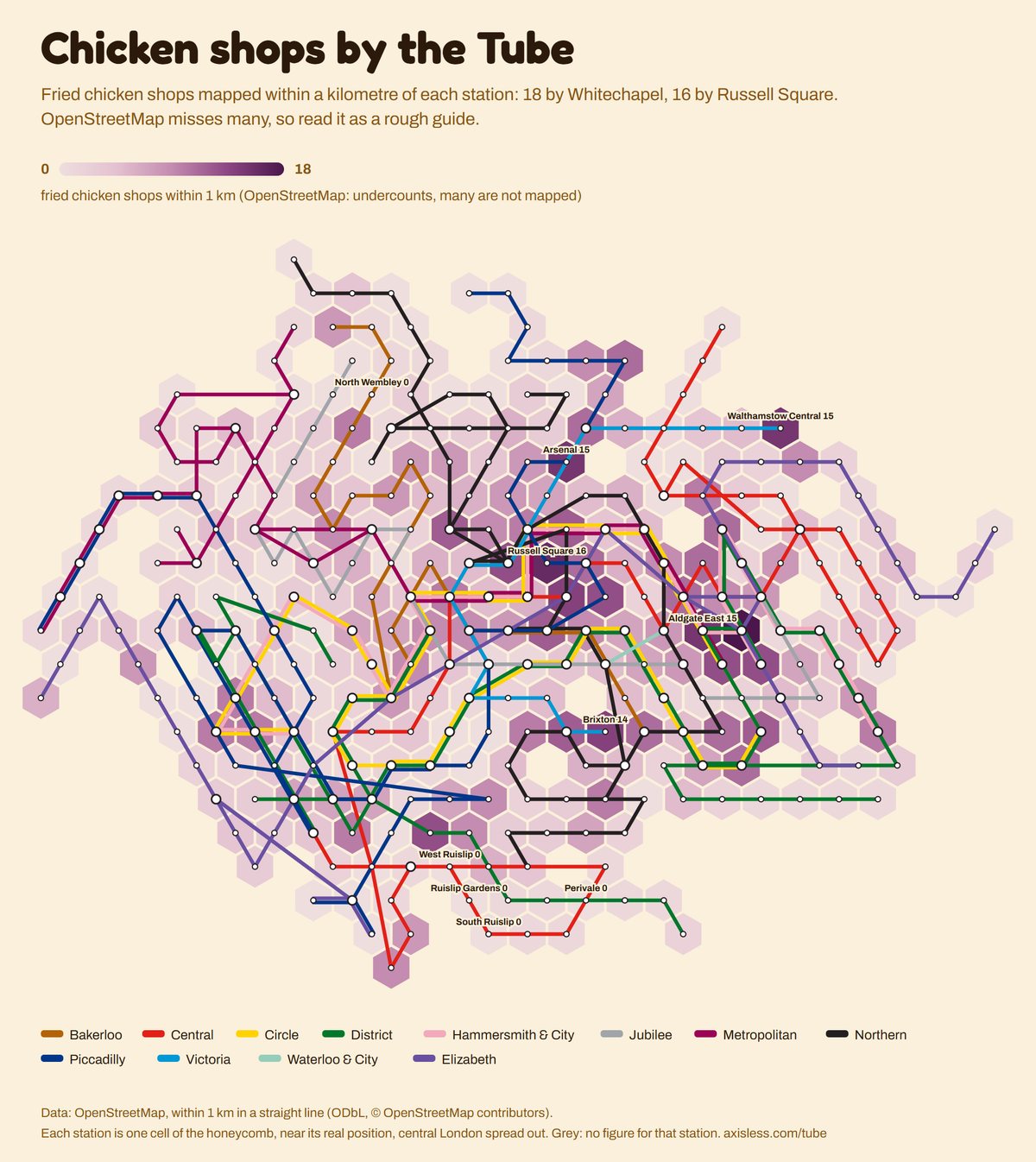 Map, Chicken shops by the Tube. Every Tube and Elizabeth line station as one cell of a honeycomb map, coloured by fried chicken shops within 1 km (OpenStreetMap: undercounts, many are not mapped).