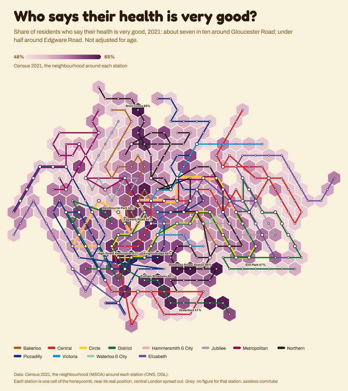 Map, Who says their health is very good. Every Tube and Elizabeth line station as one cell of a honeycomb map, coloured by Census 2021, the neighbourhood around each station.