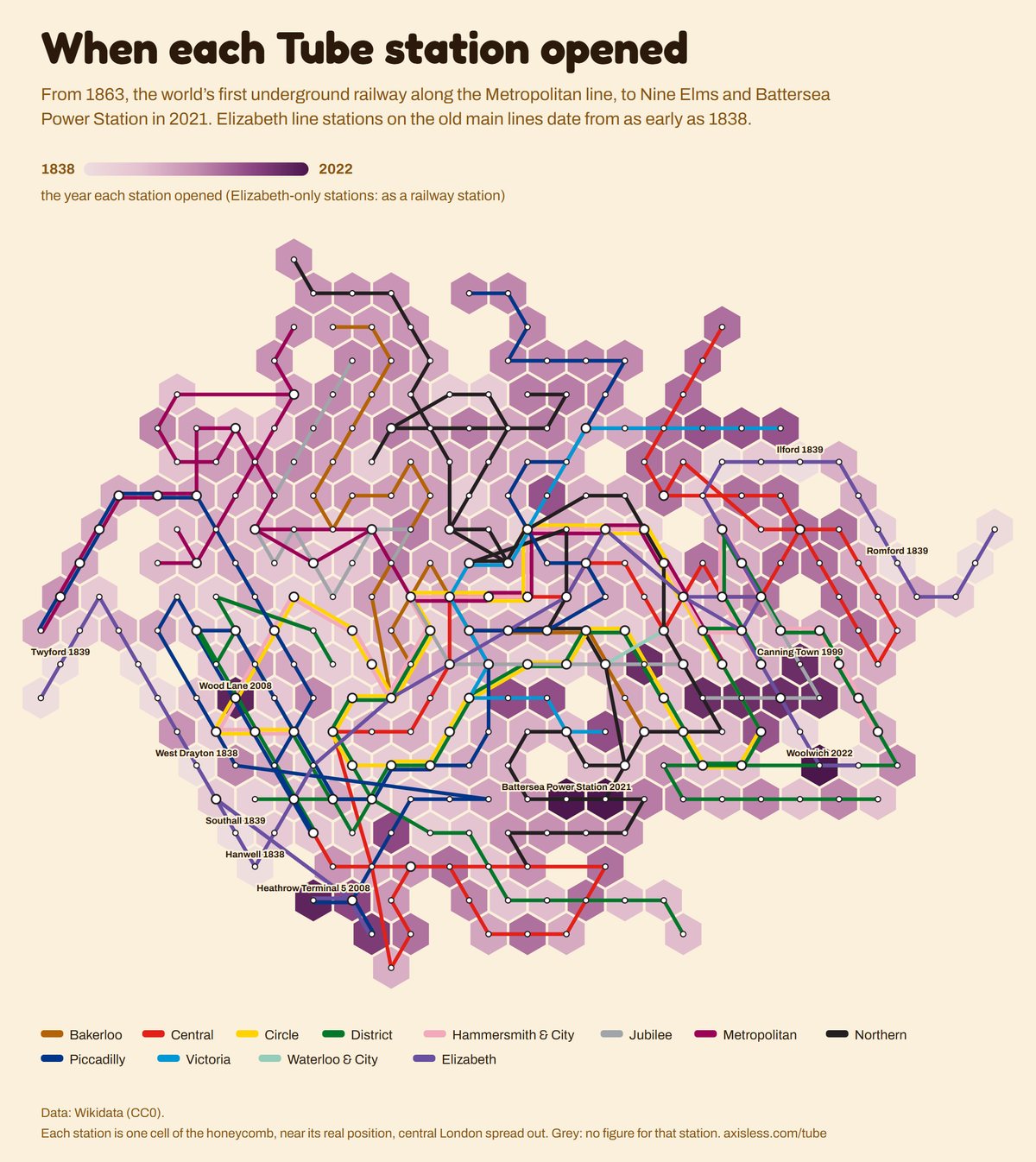 Map, When each Tube station opened. Every Tube and Elizabeth line station as one cell of a honeycomb map, coloured by the year each station opened (Elizabeth-only stations: as a railway station).