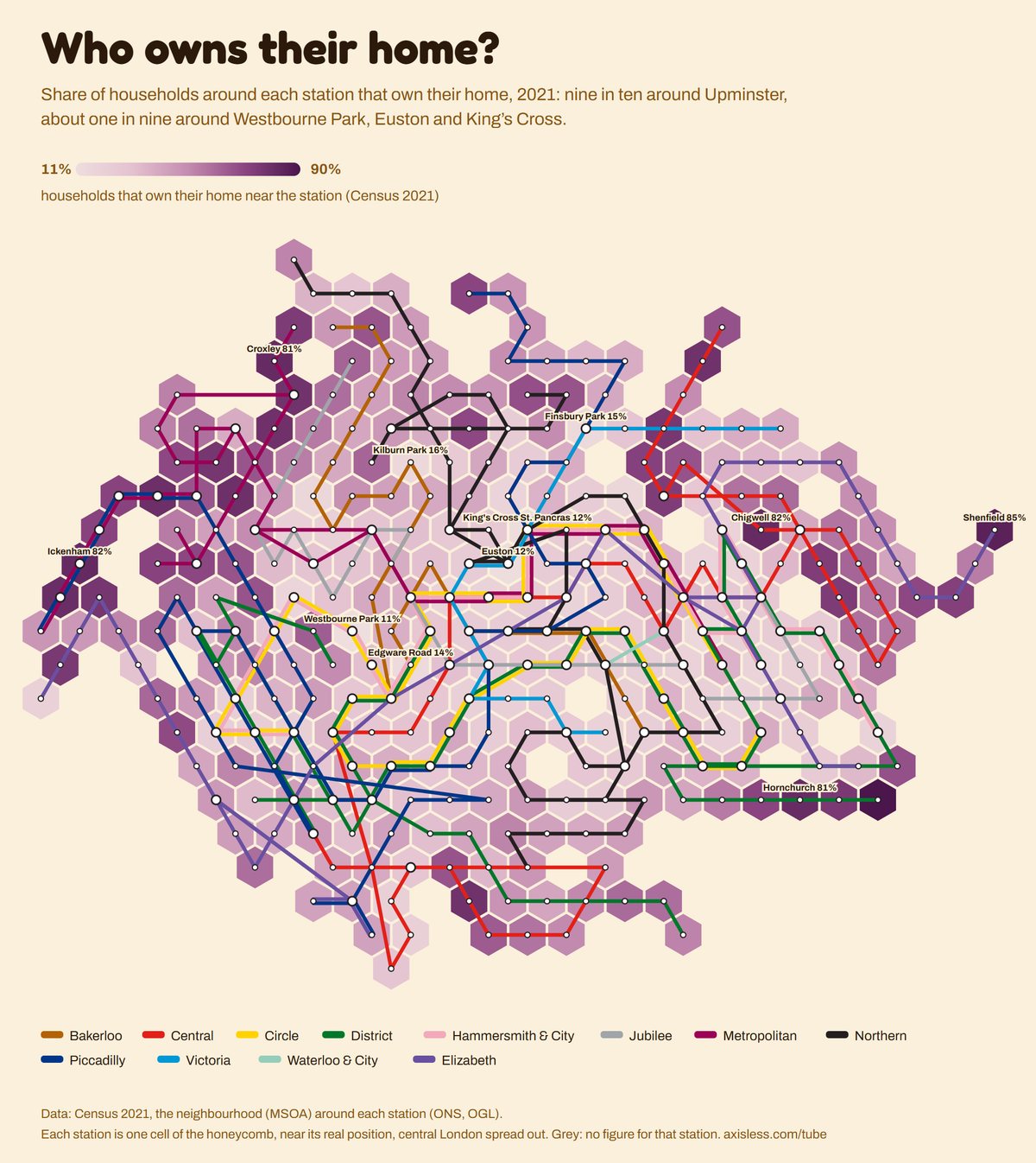 Map, Who owns their home. Every Tube and Elizabeth line station as one cell of a honeycomb map, coloured by households that own their home near the station (Census 2021).