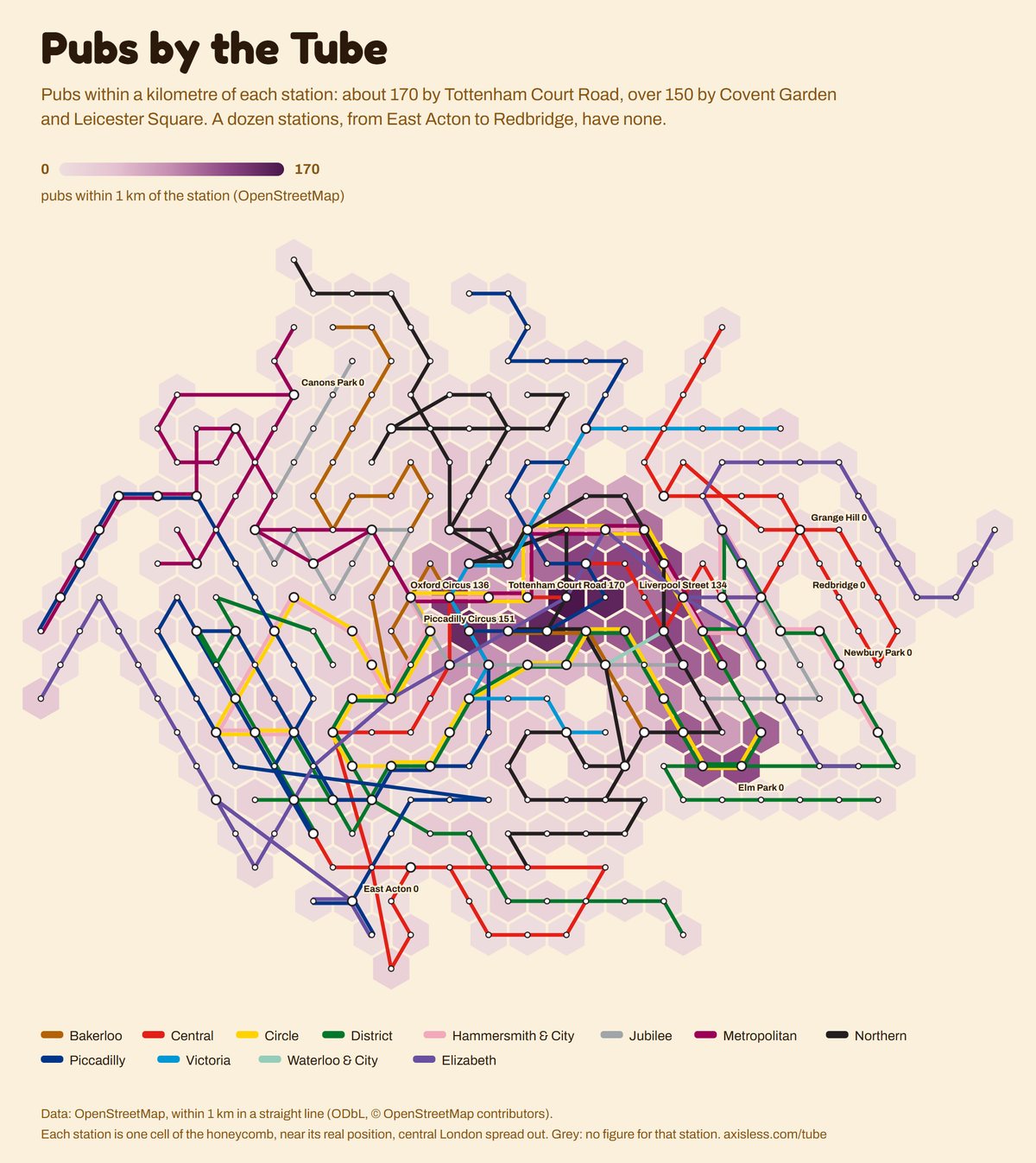 Map, Pubs by the Tube. Every Tube and Elizabeth line station as one cell of a honeycomb map, coloured by pubs within 1 km of the station (OpenStreetMap).