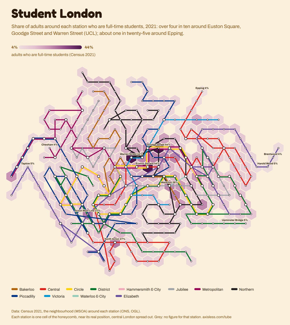Map, Student London. Every Tube and Elizabeth line station as one cell of a honeycomb map, coloured by adults who are full-time students (Census 2021).