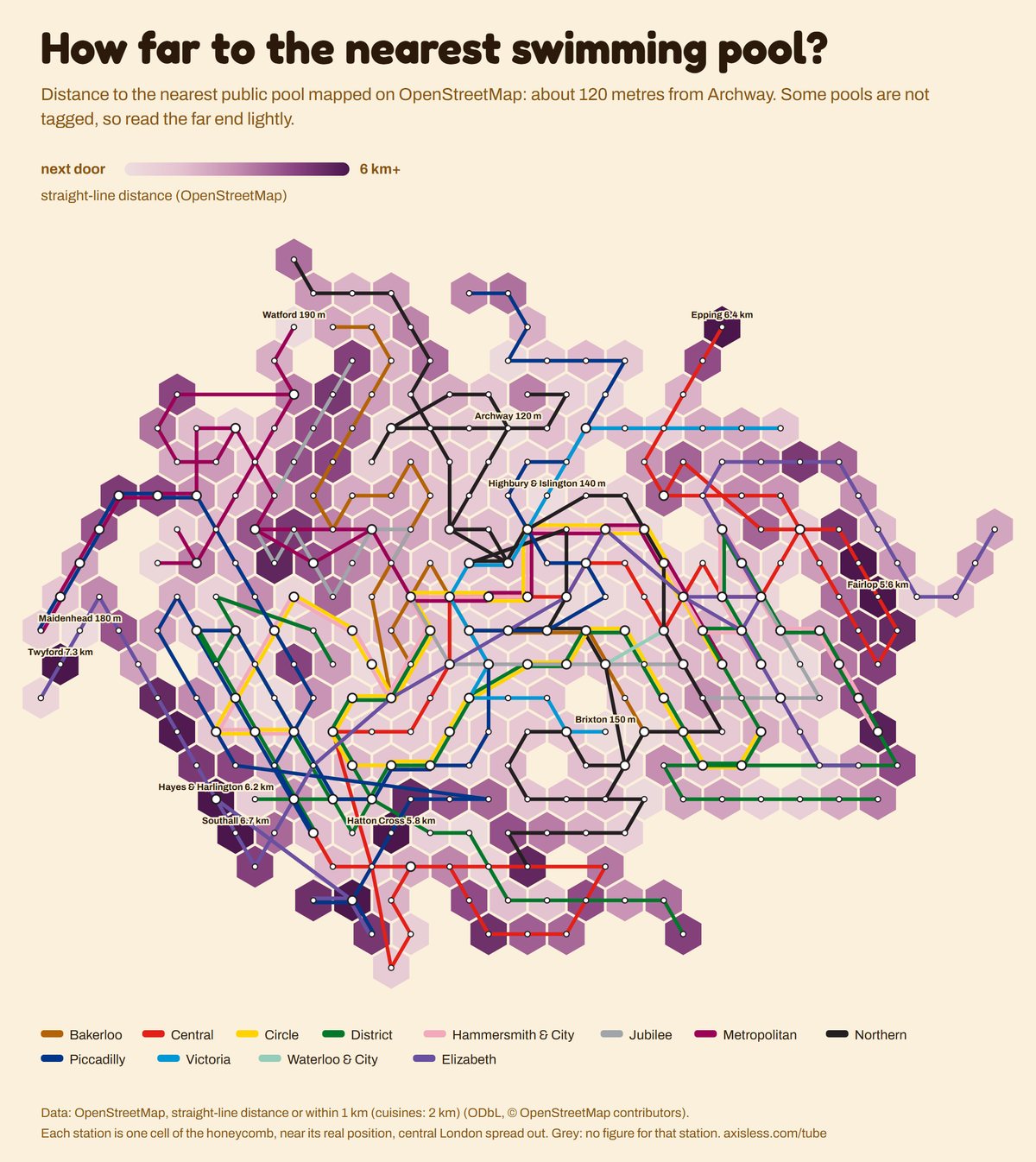 Map, How far to the nearest swimming pool. Every Tube and Elizabeth line station as one cell of a honeycomb map, coloured by straight-line distance (OpenStreetMap).