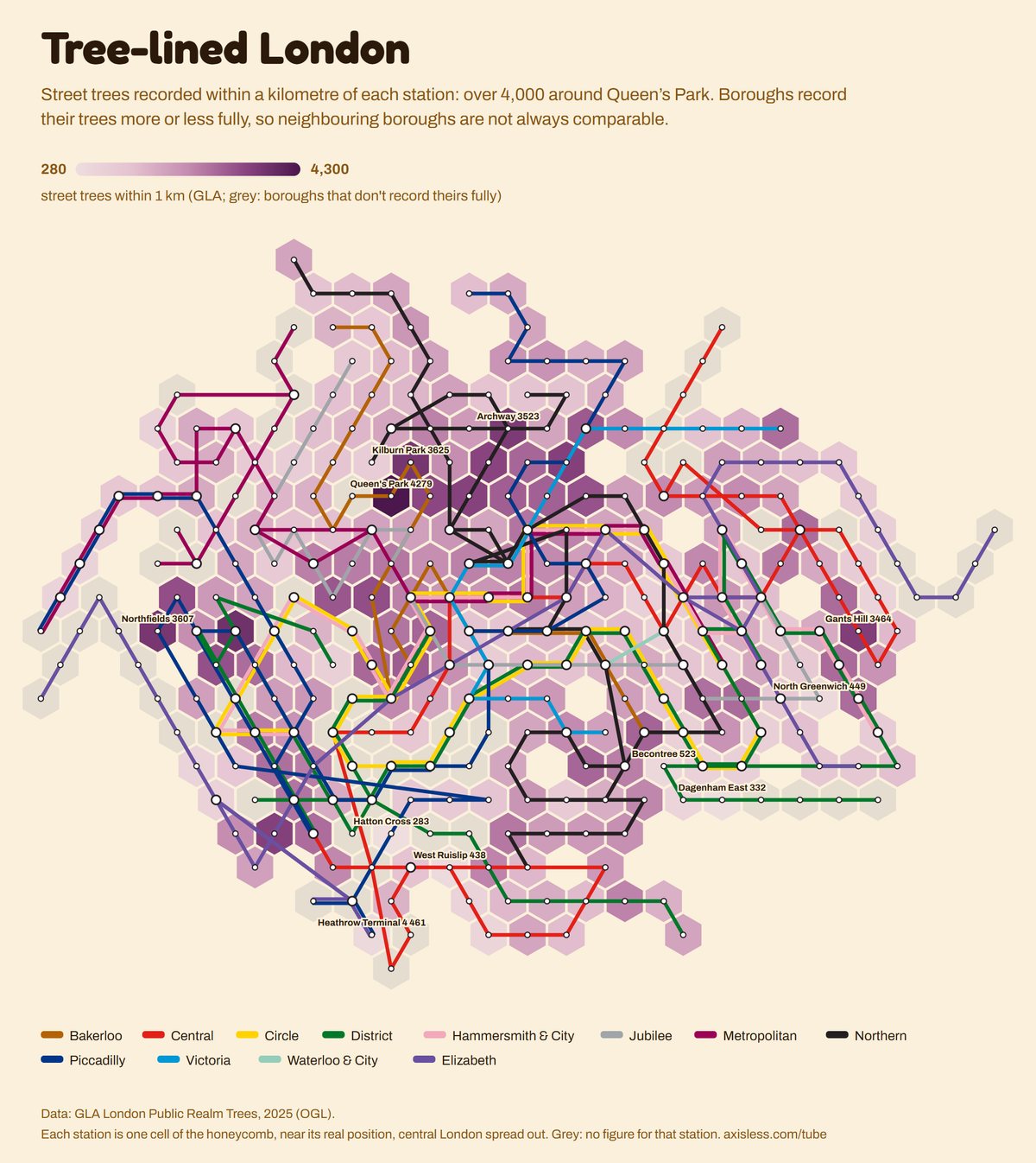 Map, Tree-lined London. Every Tube and Elizabeth line station as one cell of a honeycomb map, coloured by street trees within 1 km (GLA; grey: boroughs that don't record theirs fully).