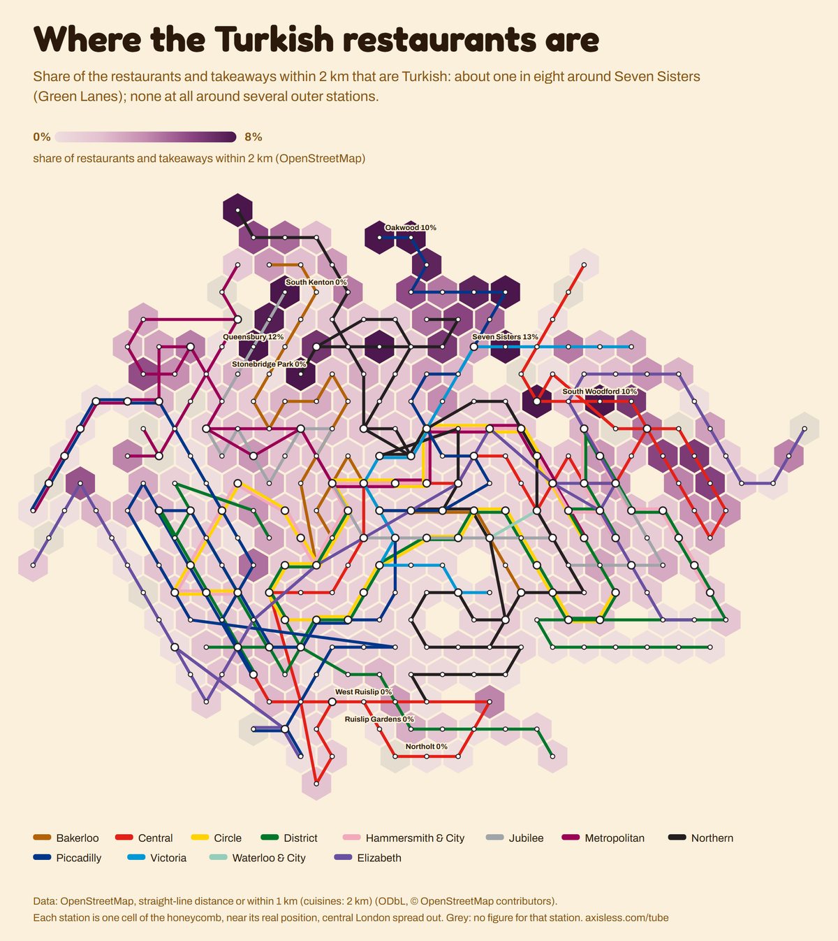 Map, Where the Turkish restaurants are. Every Tube and Elizabeth line station as one cell of a honeycomb map, coloured by share of restaurants and takeaways within 2 km (OpenStreetMap).