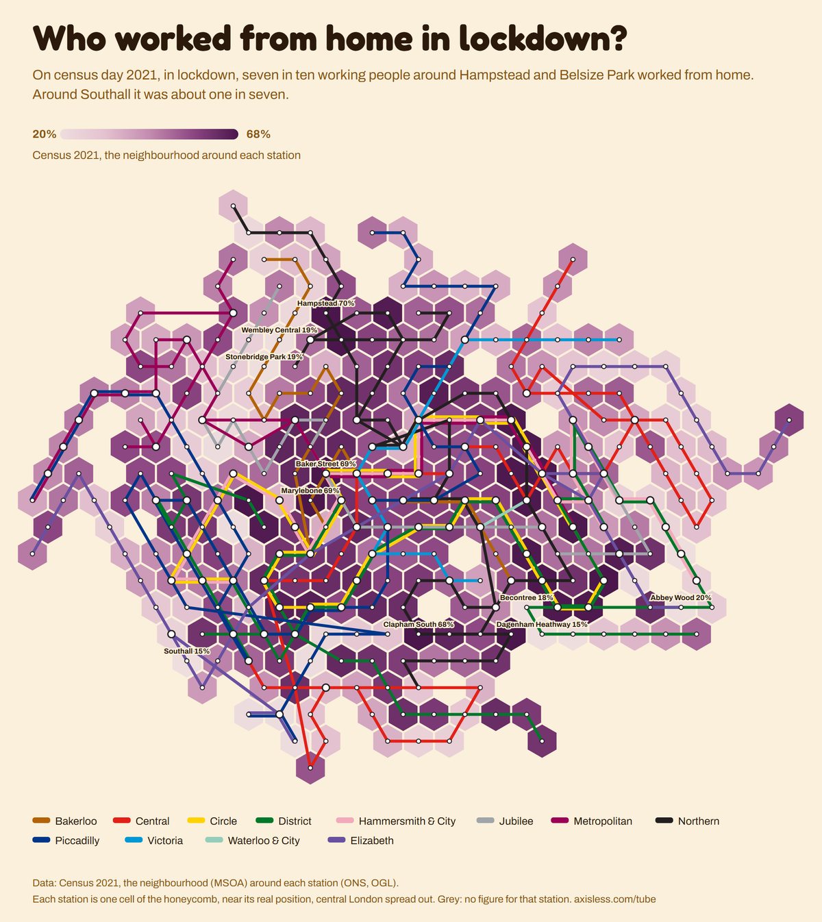 Map, Who worked from home in lockdown. Every Tube and Elizabeth line station as one cell of a honeycomb map, coloured by Census 2021, the neighbourhood around each station.